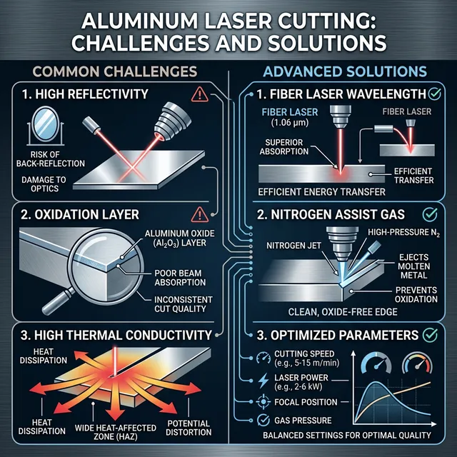 Aluminum laser cutting challenges and solutions: high reflectivity, oxidation layer, thermal conductivity vs fiber laser wavelength, nitrogen gas, and optimized parameters