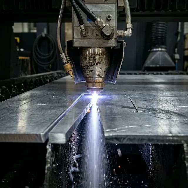 Fiber laser cutting head actively cutting through thick 6mm aluminum sheet with bright white-blue laser interaction zone, high-pressure nitrogen gas jet, and reflective aluminum surface