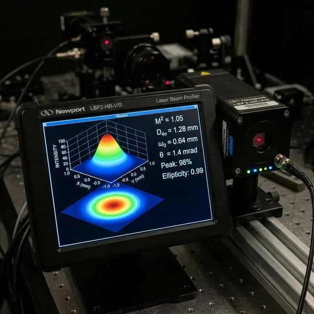 Newport laser beam profiler display showing 3D Gaussian beam intensity distribution with M²=1.05, beam diameter 1.28mm, divergence 1.4 mrad, and 98% peak intensity readings