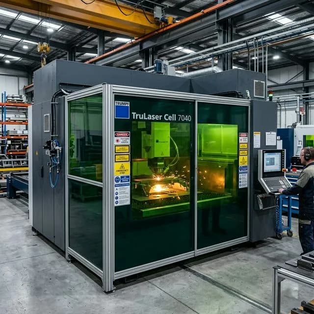 Massive industrial laser cutting machine with a fully enclosed active safety cabin featuring dark green optical protection windows