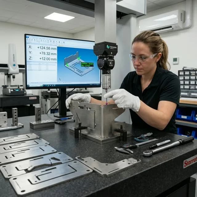 Quality inspector using coordinate measuring machine to verify laser-cut stainless steel component, CMM probe touching precise corner, digital display showing dimensional readings, granite surface plate with multiple cut parts