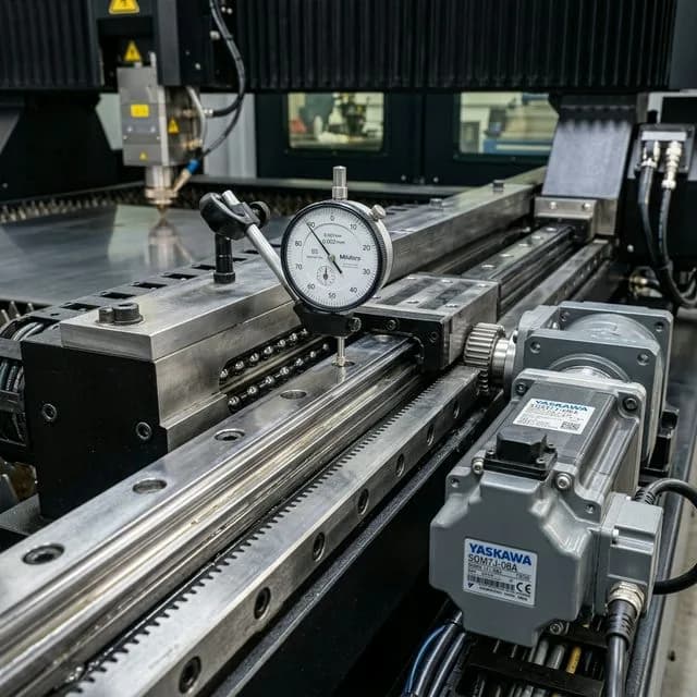 Close-up of CNC laser cutting machine gantry system showing Yaskawa servo motor, rack-and-pinion drive, linear ball guides, and Mitutoyo dial gauge measuring positioning accuracy