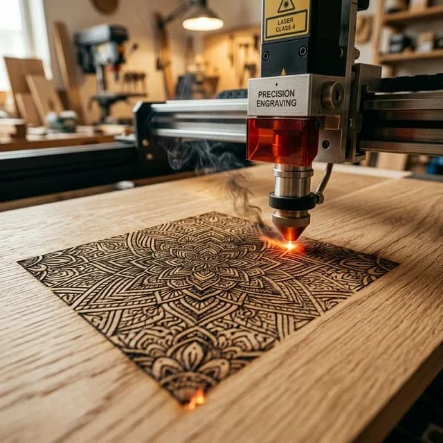 CO2 laser engraving detailed mandala design pattern on natural wood surface with precise dark burned marks and fine smoke wisps