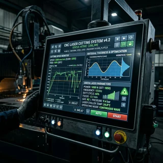 Laser cutting speed curves by power level (1kW, 3kW, 6kW, 12kW) for carbon steel with oxygen: speed decreases exponentially with material thickness