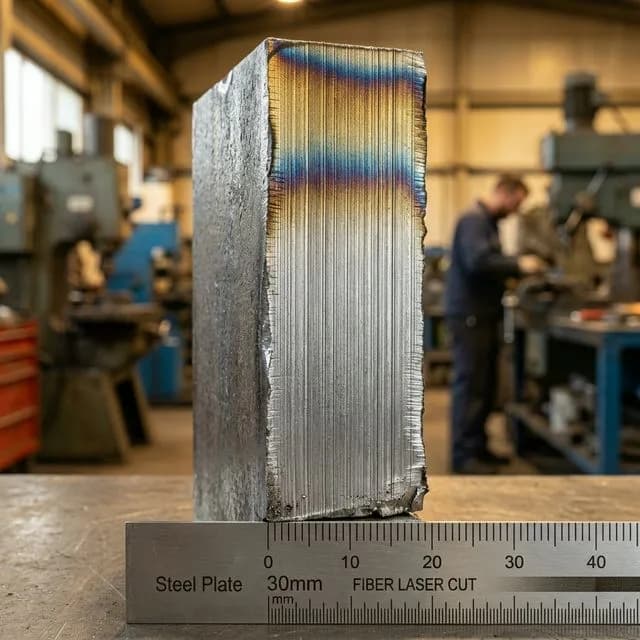 Cross-section of 30mm thick mild steel cut by fiber laser, standing upright showing heat-affected zone graduation from golden-blue at top to silver-gray at bottom, with visible striation marks and calibration ruler