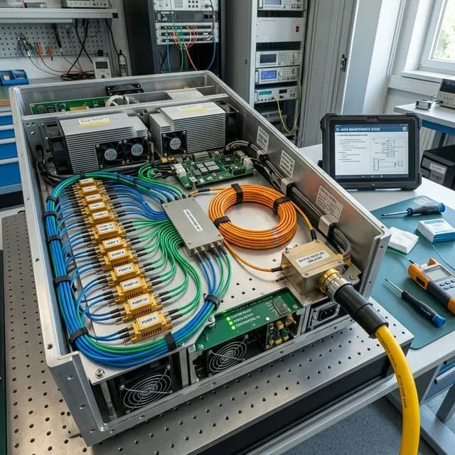 Internal view of high-power fiber laser source module showing pump diode modules, fiber optic cables, fiber combiner, output coupler, heat sinks and cooling channels