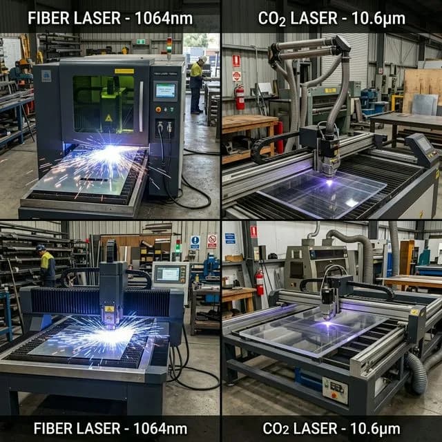 Side-by-side comparison of fiber laser 1064nm cutting aluminum with bright sparks and CO2 laser 10.6μm cutting acrylic with clean edges in industrial workshop