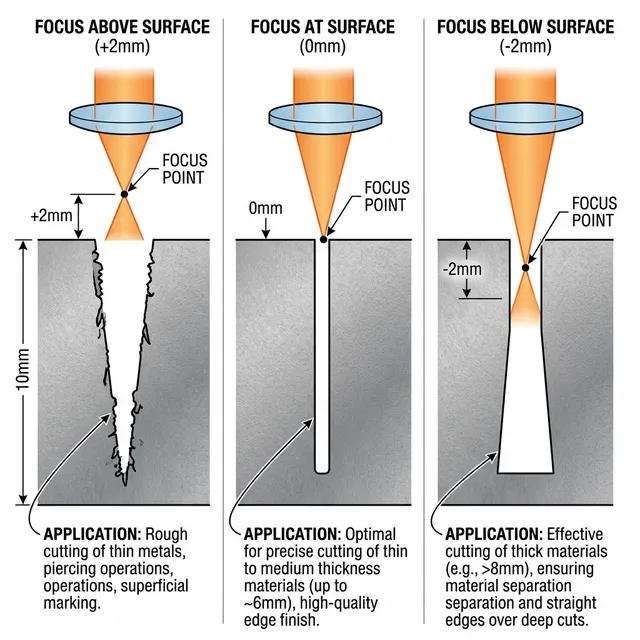Laser focus position effects: above surface (+2mm) for rough cuts, at surface (0mm) for thin material, below surface (-2mm) for thick plate cutting