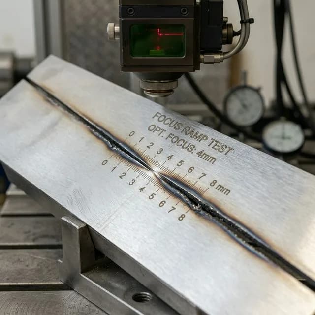 Close-up of a laser ramp test cut on stainless steel plate: angled cut line with varying kerf width from wide (defocused) to narrowest point (optimal focus) to wide again, millimeter scale ruler alongside, focus offset markings at each centimeter