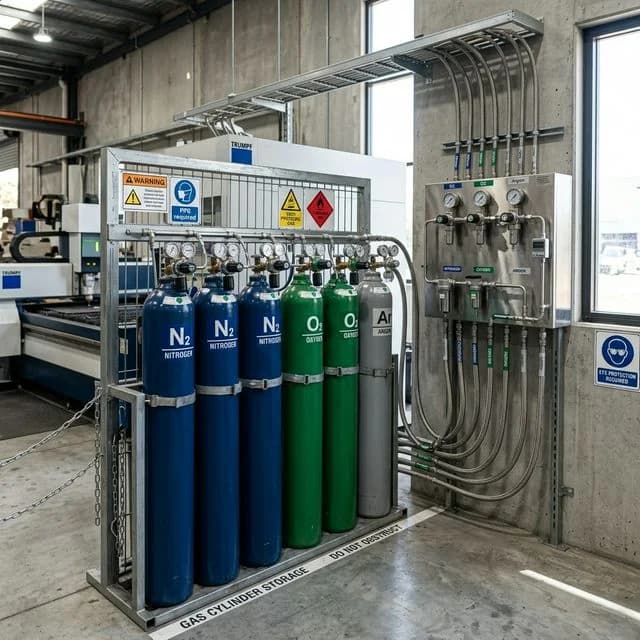High-pressure industrial assist gas delivery system for laser cutting, showing nitrogen and oxygen cylinders connected to a manifold with regulators and pressure gauges