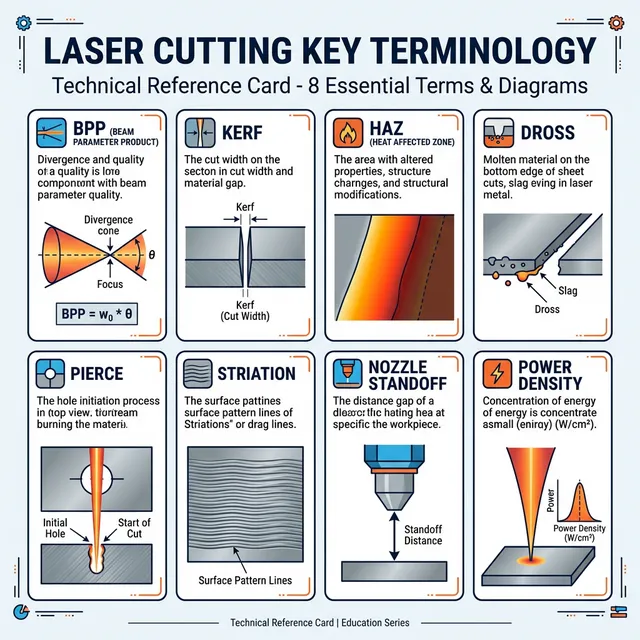 Laser cutting key terminology reference card: BPP, Kerf, HAZ, Dross, Pierce, Striation, Nozzle Standoff, and Power Density with visual diagrams