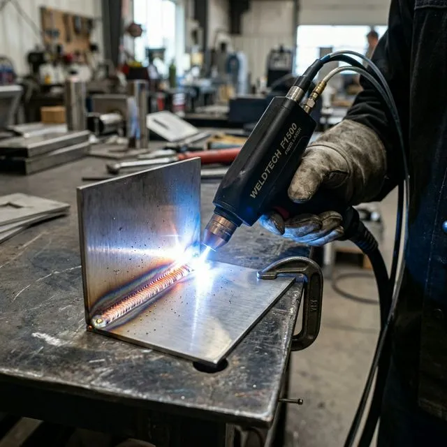 A handheld industrial fiber laser welding gun laying down a smooth continuous weld seam on a corner joint