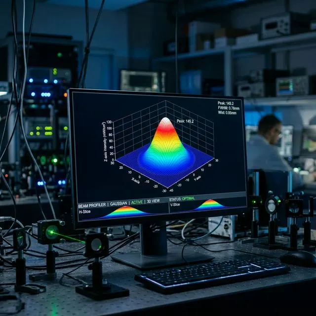 Beam profiler display showing 3D Gaussian intensity distribution with color-mapped cross-section