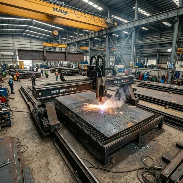 An ultra-large format gantry fiber laser cutting system processing massive ship-building steel plates