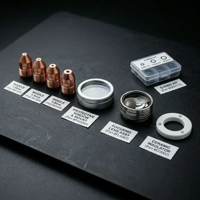 Laser cutting consumables laid out: copper cutting nozzles of various sizes, protective window in lens mount, focusing lens assembly, O-ring kit, and ceramic insulator ring with part number labels