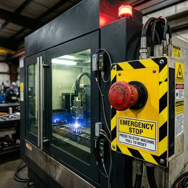 Emergency stop button on laser cutting machine with red mushroom-head button on yellow-black striped panel, safety interlock sensors, red warning beacon, and machine enclosure visible behind