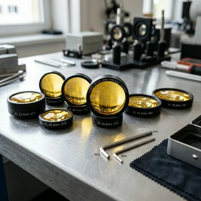 Collection of industrial laser focusing lenses of varying thicknesses and focal lengths