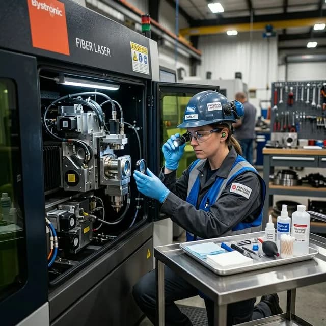 Maintenance technician in safety gear inspecting fiber laser cutting head optics with magnifying tool, optical cleaning supplies on tray, machine panel open showing internal components