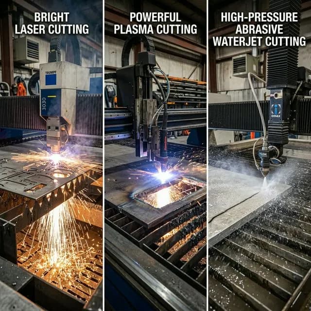Side-by-side comparison of laser cutting, plasma cutting, and waterjet cutting processes in action
