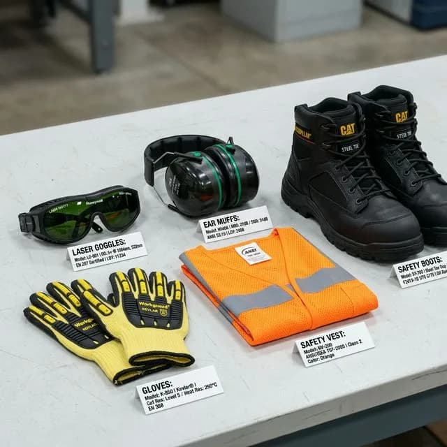 Complete laser safety PPE set: OD5+ green-tinted laser safety goggles, hearing protection ear muffs, heat-resistant Kevlar gloves, high-visibility safety vest, and steel-toe safety boots with specification labels