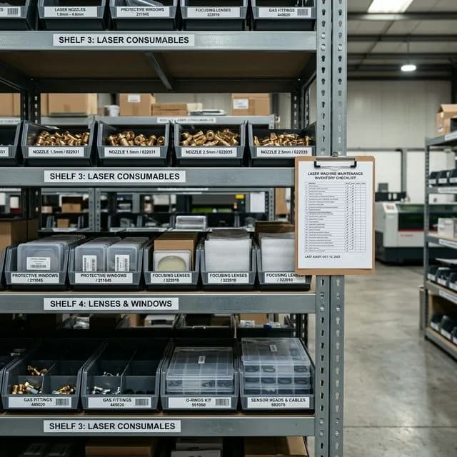 Organized spare parts inventory shelf for laser cutting machine maintenance with labeled nozzles, protective windows, focusing lenses, gas fittings, O-rings, and inventory checklist