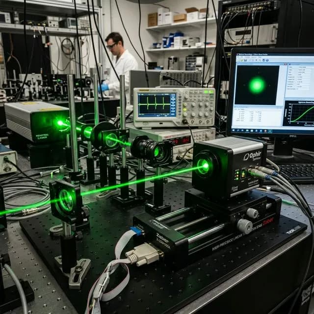 Laser optics setup with a beam profiler camera mounted on a motorized translation stage