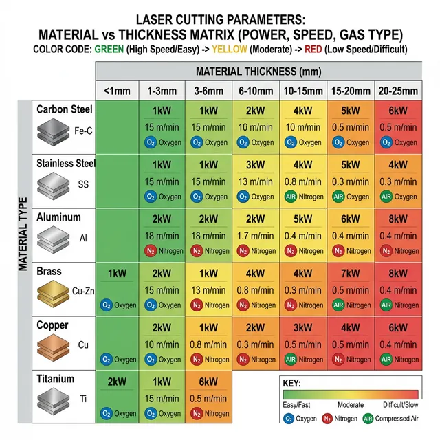 Laser cutting parameters matrix: 6 materials (Carbon Steel, Stainless, Aluminum, Brass, Copper, Titanium) vs thickness (1-25mm) with color-coded difficulty and gas type indicators