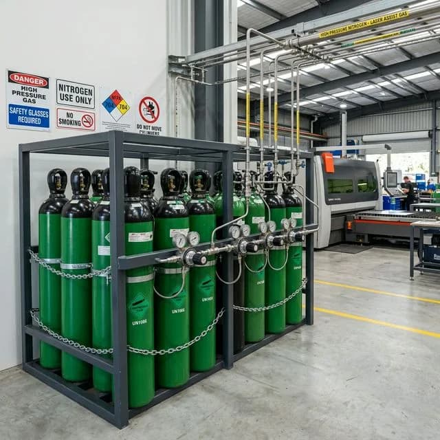 Bank of high-pressure nitrogen gas cylinders with manifold system and double-stage regulators for laser cutting assist gas supply, secured in metal rack with chain restraints and safety signage