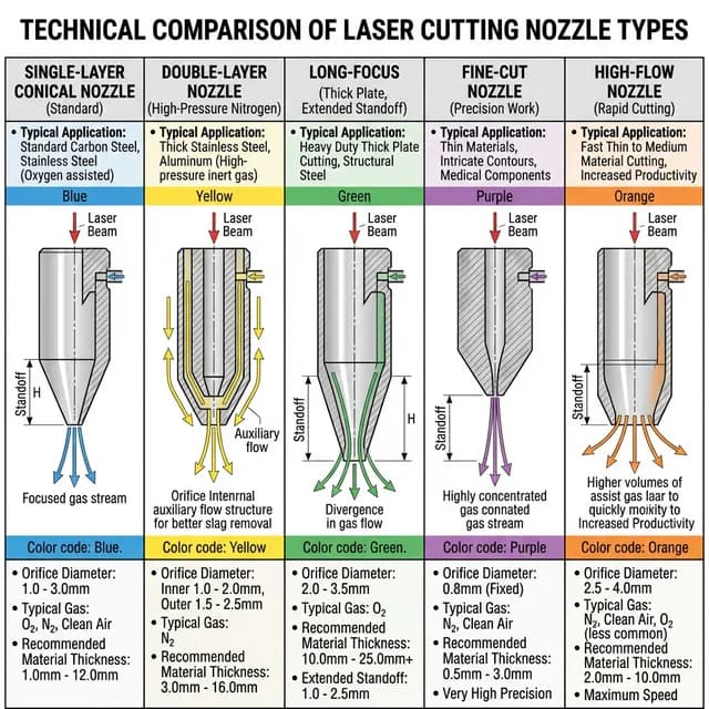 5 laser cutting nozzle types compared: single-layer conical, double-layer, long-focus, fine-cut, and high-flow with cross-sections and gas flow patterns