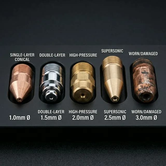 Five laser cutting nozzle types arranged on dark surface: single-layer conical copper 1.0mm, double-layer chrome-plated 1.5mm, high-pressure brass 2.0mm, supersonic elongated 2.5mm, and worn/damaged 3.0mm nozzle for comparison