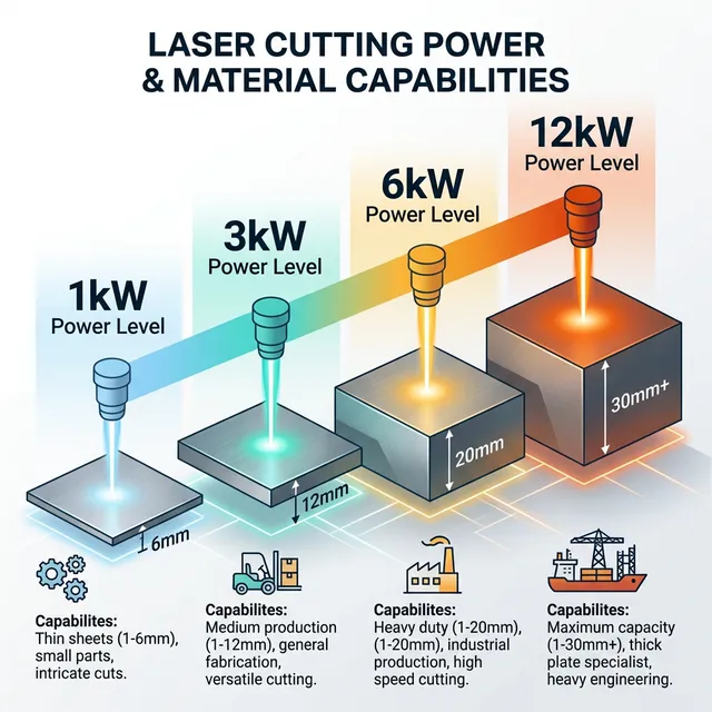 Laser cutting power capabilities: 1kW (1-6mm thin sheets), 3kW (1-12mm general fabrication), 6kW (1-20mm industrial), 12kW (1-30mm+ thick plate specialist)