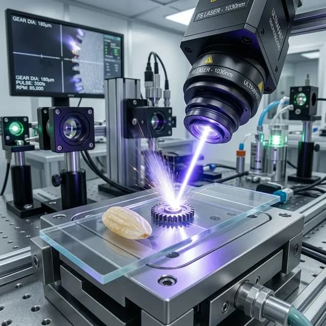 A high-end femtosecond laser micromachining a microscopic gear, delivering intense concentrated light pulses