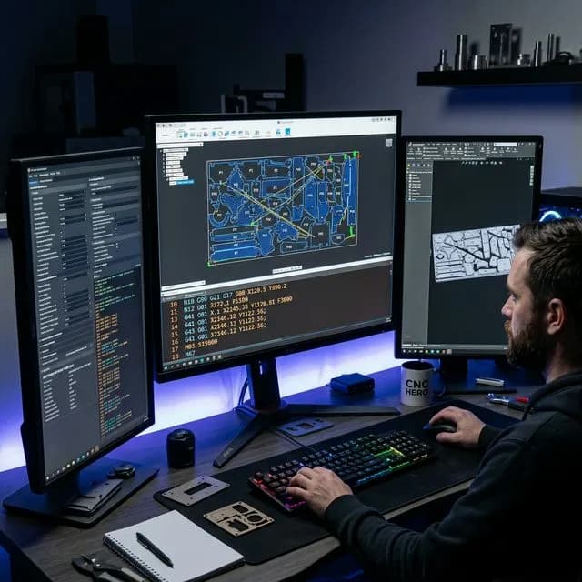 A CNC programmer's dark-mode multi-monitor workstation showing complex CAD/CAM software code and toolpath visualization for laser cutting optimization