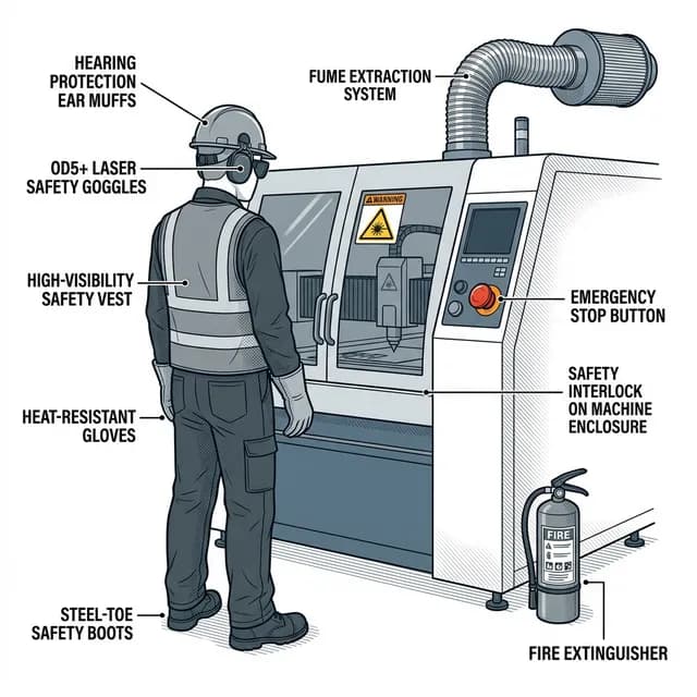 Laser cutting operator PPE requirements: OD5+ safety goggles, hearing protection, high-visibility vest, heat-resistant gloves, steel-toe boots, with fume extraction and emergency stop