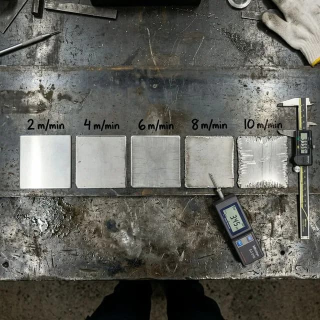 Array of laser-cut metal test coupons on a workbench showing progressive speed variations: leftmost sample at maximum speed with rough dross edges, center samples at optimal speed with clean cuts, rightmost at slow speed with heat-affected zone discoloration