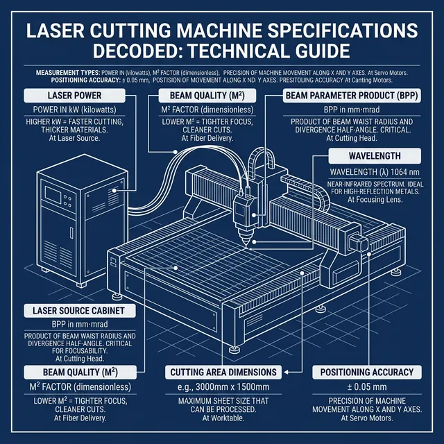 Fiber laser cutting machine specifications decoded: annotated diagram showing kW power, M² beam quality, BPP, wavelength 1064nm, cutting area dimensions, and positioning accuracy