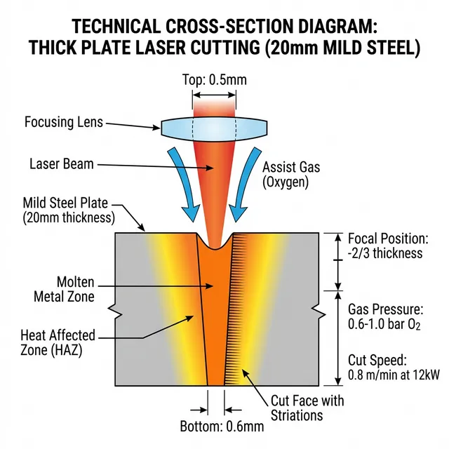 20mm mild steel thick plate laser cutting cross-section: kerf profile, focal position at -2/3 thickness, HAZ, molten zone, and striation pattern