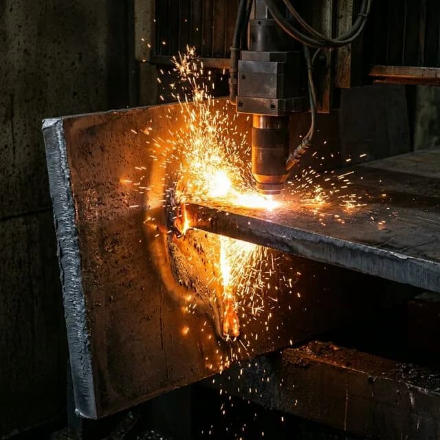 Fiber laser piercing through 20mm thick carbon steel plate with intense orange molten metal erupting upward, heavy glow from molten pool, cutting nozzle above