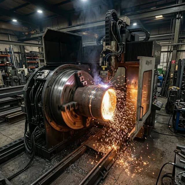 A massive multi-axis tube laser cutting machine dynamically spinning and slicing through a thick structural steel pipe