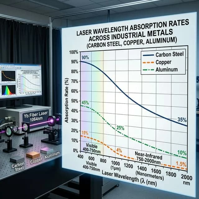 A scientific light spectrum chart displaying laser wavelength absorption rates across different industrial metals like carbon steel, copper, and aluminum