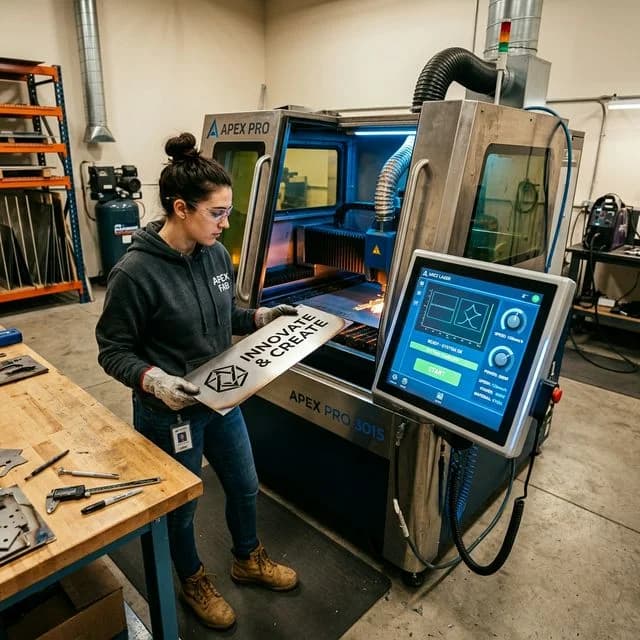 An entry-level industrial fiber laser cutting setup with an operator evaluating a freshly cut part