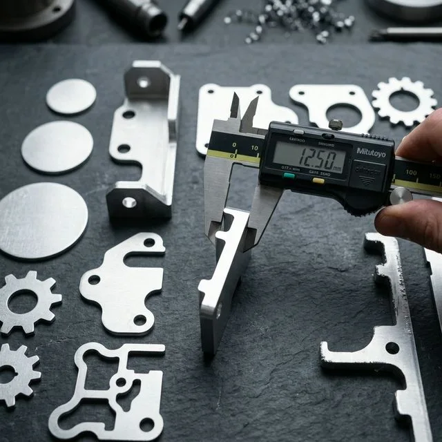 Precision laser-cut aluminum parts in various complex shapes with bright silver nitrogen-cut edges, digital caliper measuring dimensional accuracy, on dark surface