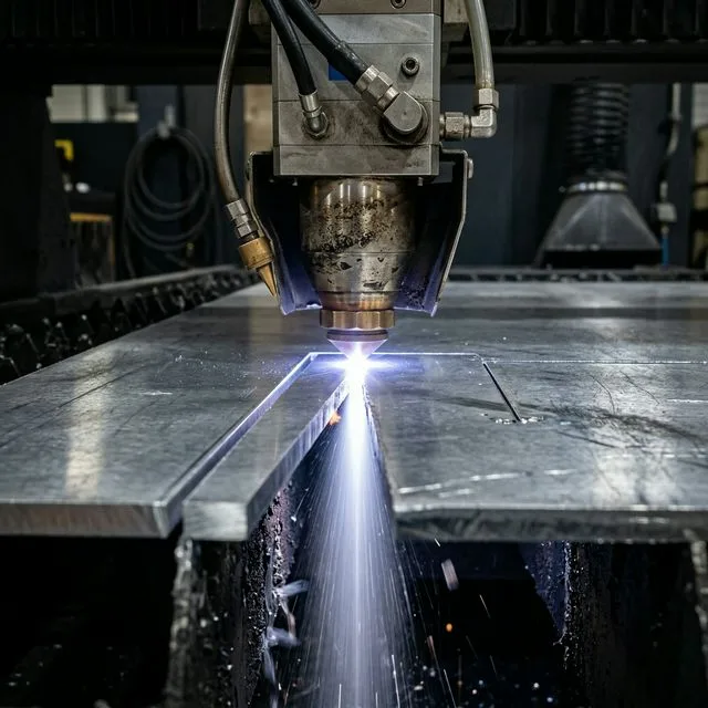 Fiber laser cutting head actively cutting through thick 6mm aluminum sheet with bright white-blue laser interaction zone, high-pressure nitrogen gas jet, and reflective aluminum surface
