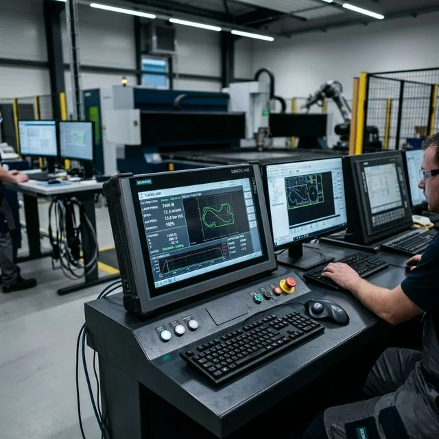 Industrial CNC control station for laser cutting with multiple Siemens SIMATIC HMI display screens showing real-time cutting trajectories, parameter data, and diagnostic information