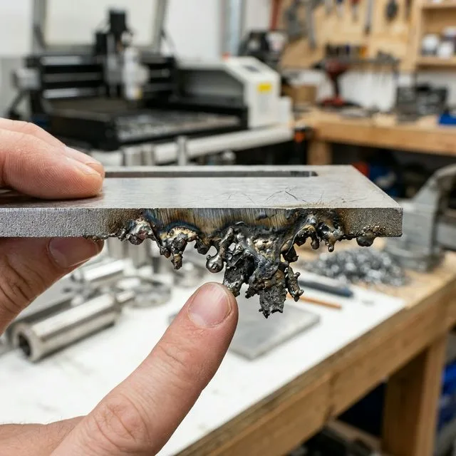 Close-up macro of excessive dross and burr on bottom edge of laser-cut stainless steel
