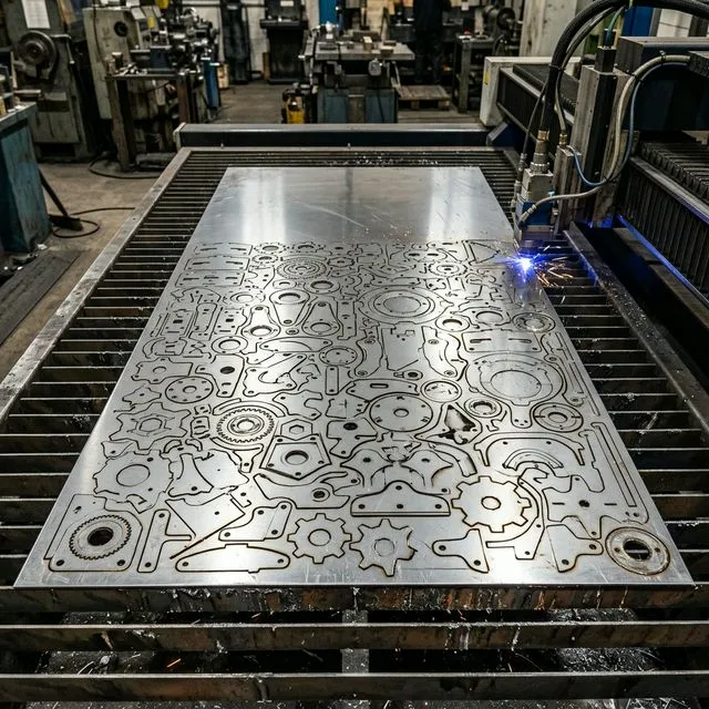 High quality top-down view of a shiny sheet metal plate after laser cutting with perfectly nested geometric shapes