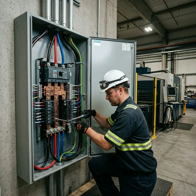 Professional electrician installing heavy-duty three-phase electrical panel for industrial laser cutting machine, showing copper bus bars, circuit breakers, and color-coded wiring
