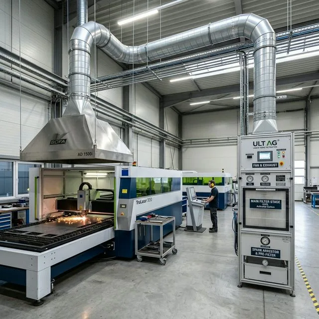Industrial fume extraction and multi-stage filtration system for laser cutting, showing ducted extraction hood, metal ductwork, spark arrestor, pre-filter, and HEPA main filter stages