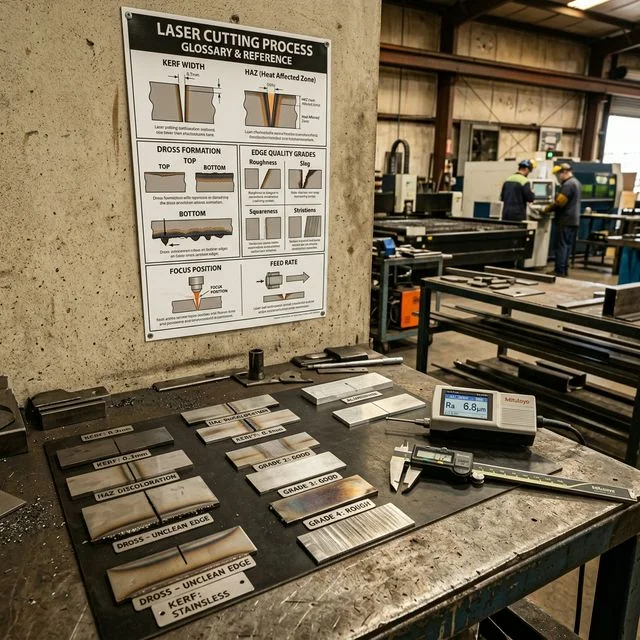 Laser cutting quality reference samples on a workshop bench showing kerf width, HAZ discoloration, dross formation, and edge quality grades from Range 1 to Range 4, with calipers and surface roughness tester alongside