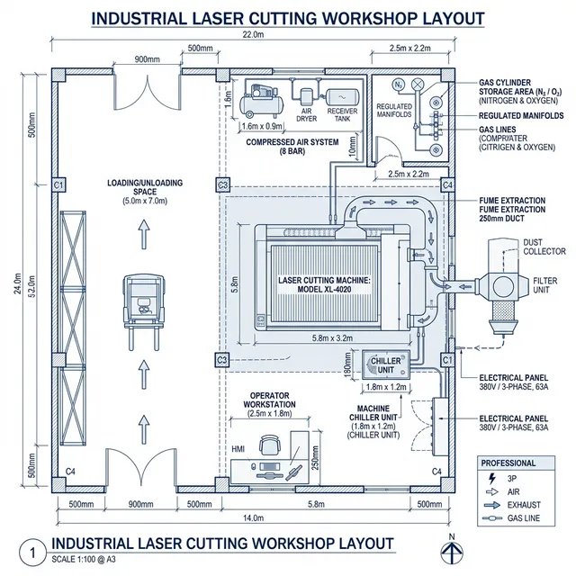 Industrial laser cutting workshop floor plan: machine layout with chiller, 380V electrical panel, compressed air system, gas cylinder storage, fume extraction, and operator workstation